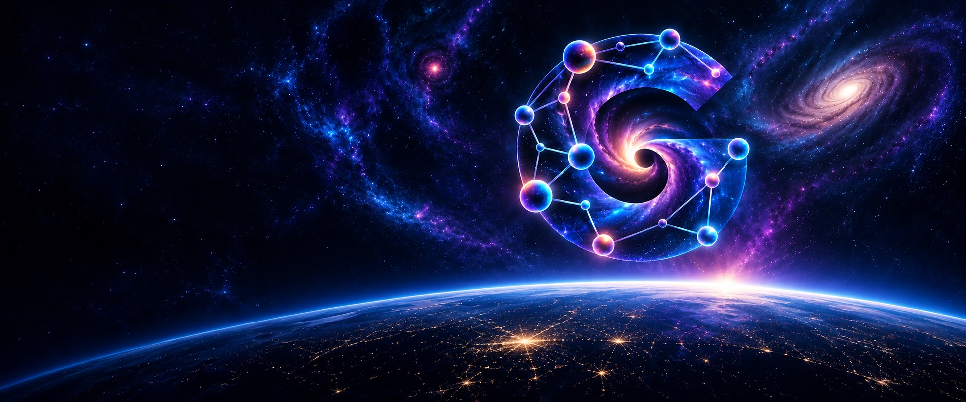 A galaxy G with connected planet-like nodes folds into a warm, glowing black hole above a blue planetary horizon